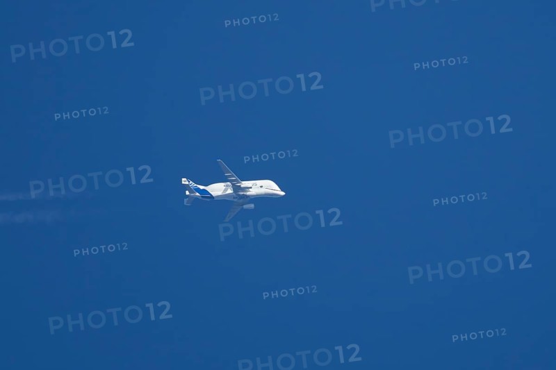 Airbus A300-600ST Super Transporter or Beluga aircraft in flight in a blue sky with vapour trails or contrails behind, England, United Kingdom