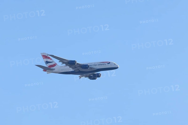Airbus A380 jet passenger aircraft of British Airways airlines in flight, London, England, United Kingdom