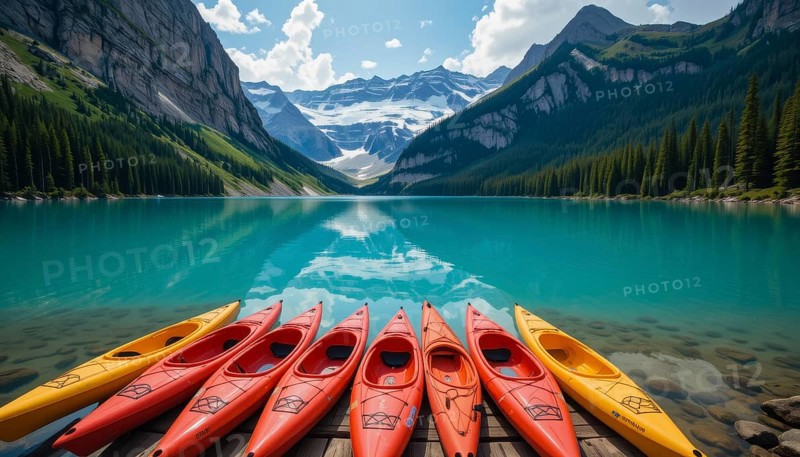 Vibrant image of kayaks lined up on a wooden dock, set against a backdrop of a turquoise lake and majestic mountains, AI generated