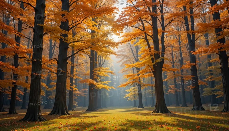 A picturesque autumn forest scene bathed in warm sunlight, with vibrant orange and yellow foliage and tall trees creating a stunning natural landscape, AI generated