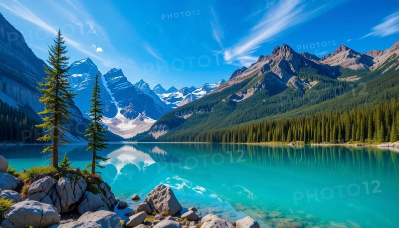 A stunning landscape featuring a turquoise lake reflecting majestic mountains and a clear blue sky, creating a serene and picturesque scene, AI generated