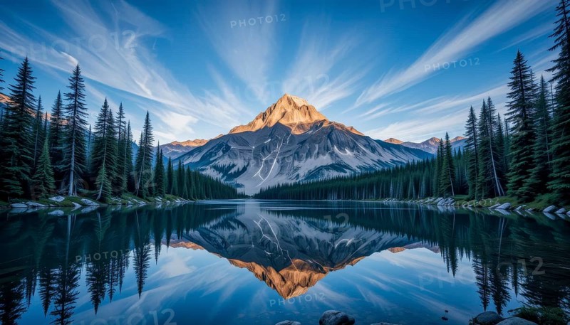 A stunning mountain range reflected in a calm lake, surrounded by lush green trees and under a vibrant blue sky, AI generated