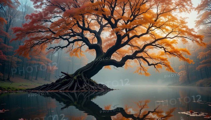 A stunning autumn landscape features a large tree with vibrant orange foliage reflected in tranquil water, creating a serene atmosphere, AI generated