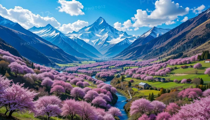 A vibrant landscape features snow-capped mountains, a winding river, and a valley filled with blooming pink trees under a bright blue sky, AI generated