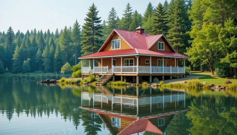 A picturesque lakeside cabin with a red roof is reflected in the calm water, surrounded by lush green trees and a serene atmosphere, AI generated