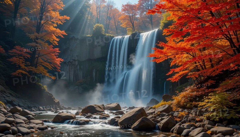 Stunning waterfall cascades amidst vibrant autumn foliage. Sunlight streams through the trees, creating a picturesque scene of natural beauty, AI generated