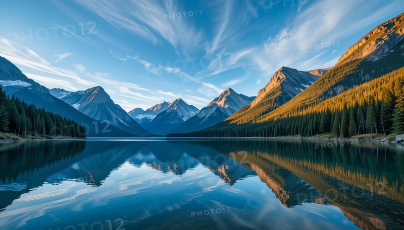A serene landscape of mountains and a lake mirroring the sky's reflection. The image captures the beauty of nature with trees, AI generated