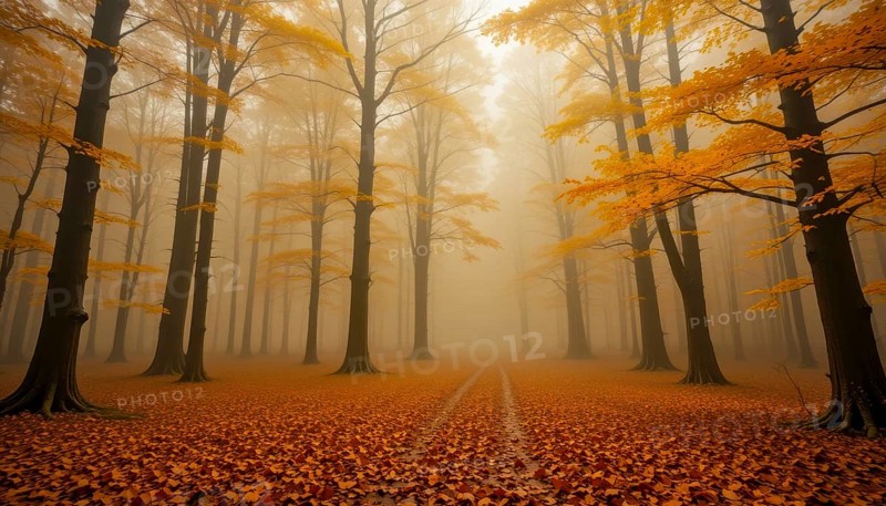 An enchanting autumn forest bathed in a warm, atmospheric fog, with fallen leaves blanketing the ground and trees, AI generated
