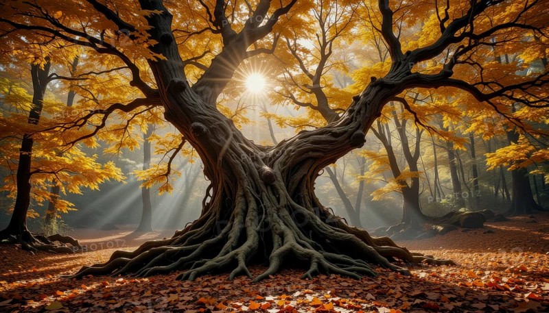 A majestic tree stands in a forest, bathed in the golden light of autumn. The sunlight filters through the leaves, creating a beautiful and serene scene, AI generated