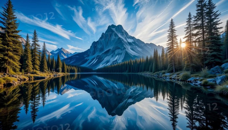A serene mountain lake reflects the stunning peaks and vibrant sky, framed by lush evergreen trees, creating a picturesque landscape, AI generated