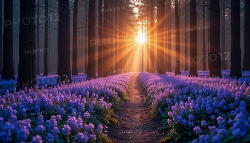 A sunlit path winds through a forest of tall trees, surrounded by vibrant purple flowers, creating a tranquil scene, AI generated
