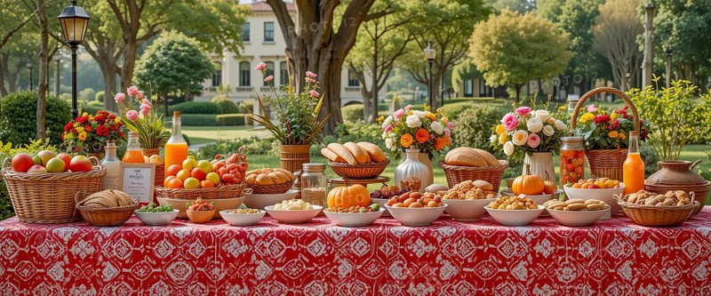 A lavish outdoor picnic spread, laden with fruits, breads, pastries, and juices, is arranged on a red patterned tablecloth, AI generated
