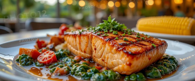A delicious plate of grilled salmon with a side of vegetables and corn, a perfect dinner, AI generated