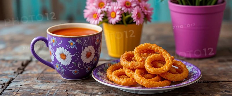A close-up shot of a mug of soup, onion rings, and flowers on a wooden table, AI generated