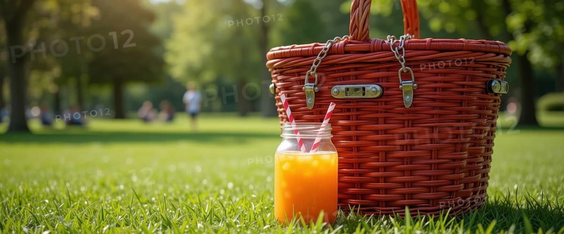 A refreshing picnic scene in a sunny park, featuring a basket, juice, and lush green grass, AI generated