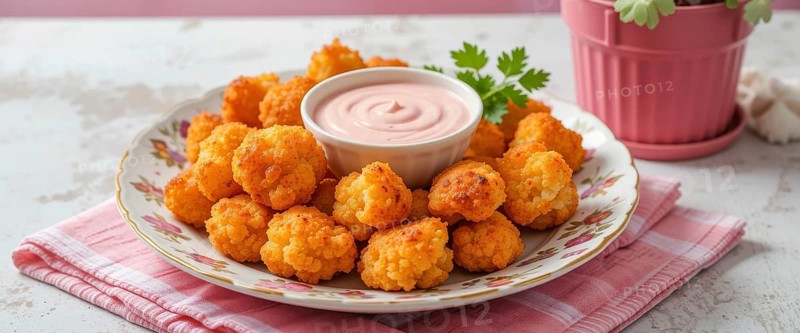 A plate of golden-brown, crispy cauliflower bites served with a creamy dipping sauce, perfect for a snack or appetizer, AI generated