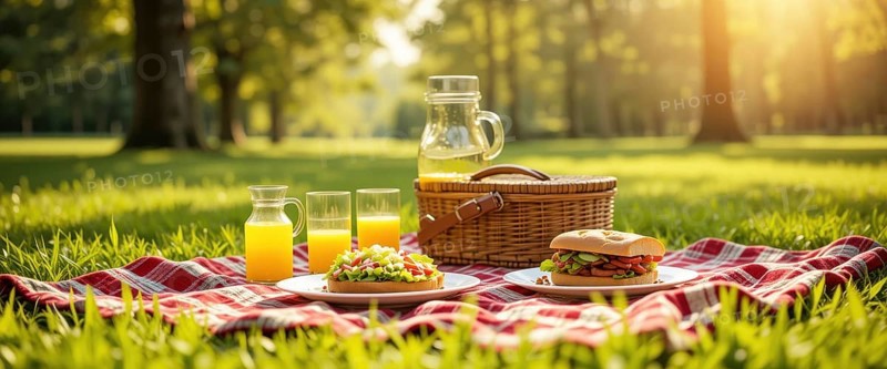 A delightful picnic scene set on a sunny day in a park. Features sandwiches, juice, and a basket on a checkered blanket, AI generated