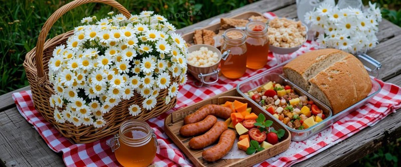 A delightful picnic scene with daisies, sausages, bread, and honey. Perfect for outdoor dining and summer gatherings, AI generated