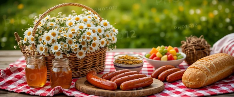 A delightful picnic scene with a basket of daisies, grilled sausages, fruit, and bread, on a checkered tablecloth, AI generated