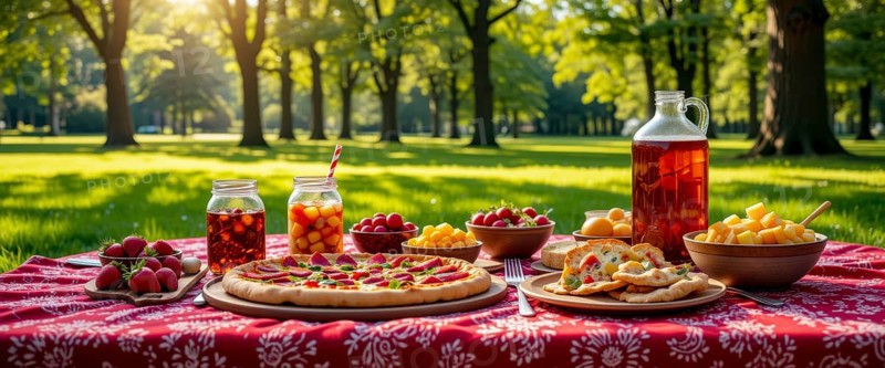 A delightful picnic spread out on a red patterned blanket in a sunny park, featuring pizza, fruits, and drinks, AI generated