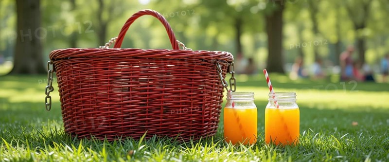 A red picnic basket with two orange drinks on the grass, with a blurred background of trees and people in a park, AI generated