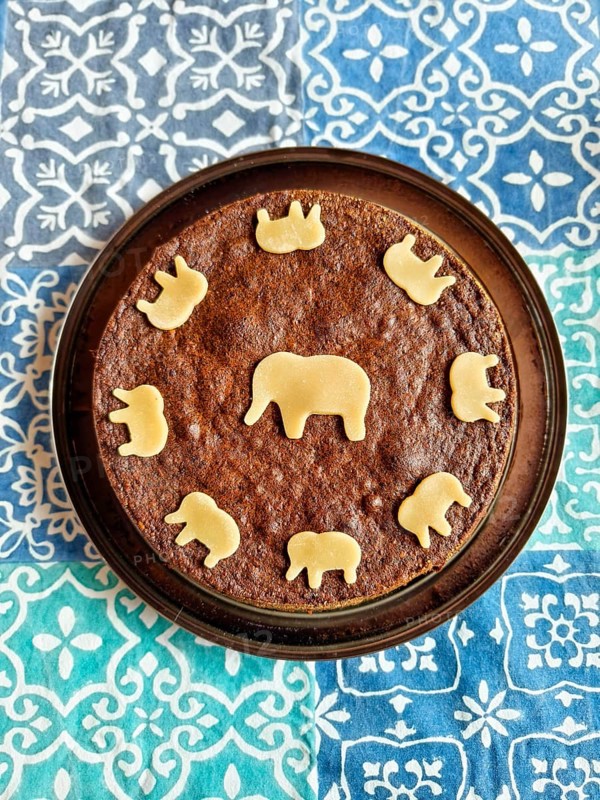 Round cake with elephant pattern made of chocolate dough on colourful cloth Lower Austria Austria