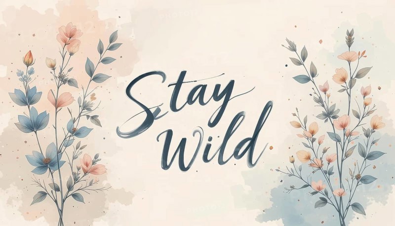 A serene watercolor artwork with the words Stay Wild elegantly written amidst delicate floral elements, perfect for nature-inspired designs, AI generated