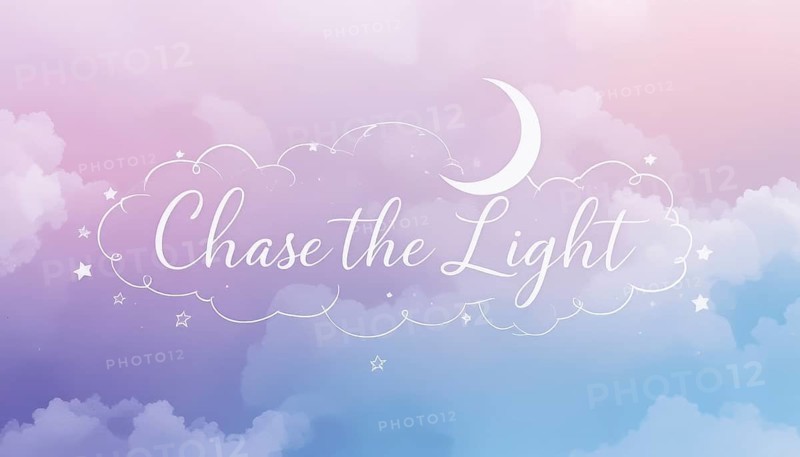 A dreamy scene with clouds, stars, and a crescent moon in pastel colors, featuring the phrase 'Chase the Light', AI generated