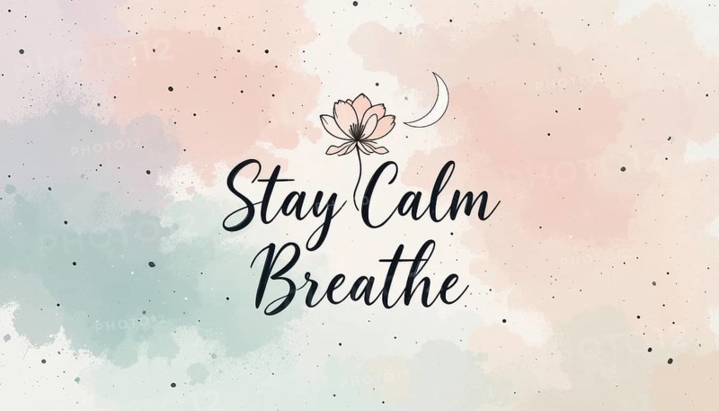 An artistic design with a floral illustration and a crescent moon, featuring the inspirational message 'Stay Calm Breathe', AI generated
