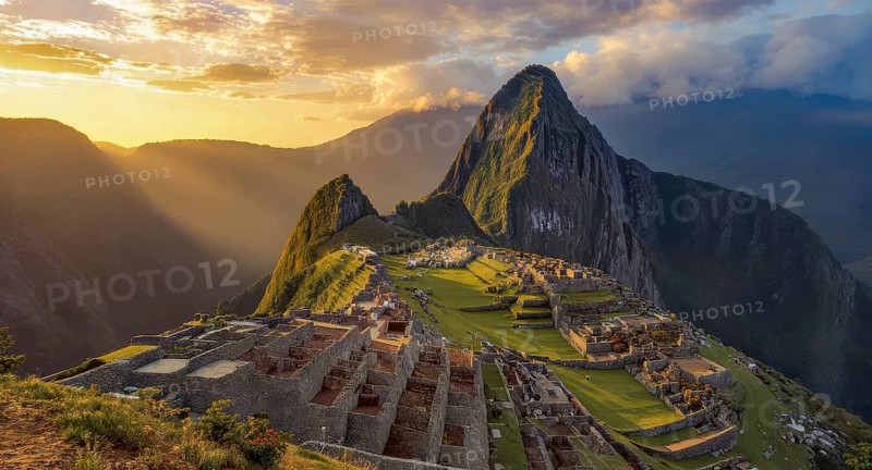 Dramatic landscape photo of Machu Picchu at sunrise, with the ancient Inca citadel illuminated by golden light, AI generated