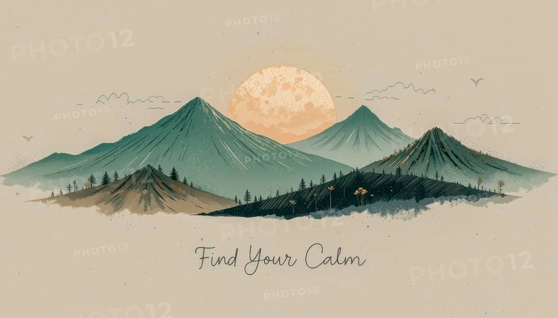 A serene watercolor illustration of mountains with a sunset, evoking peace and tranquility, AI generated