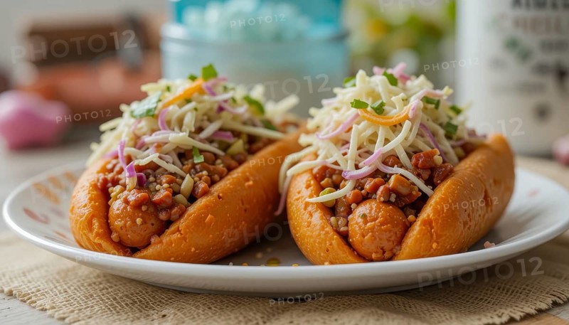 Close-up of two gourmet hot dogs on a plate, topped with coleslaw and other delicious ingredients, perfect for food photography, AI generated