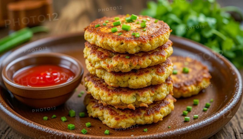 A close-up shot features a stack of golden-brown patties garnished with chives and served with a small bowl of ketchup, creating a visually appealing and delicious composition, AI generated