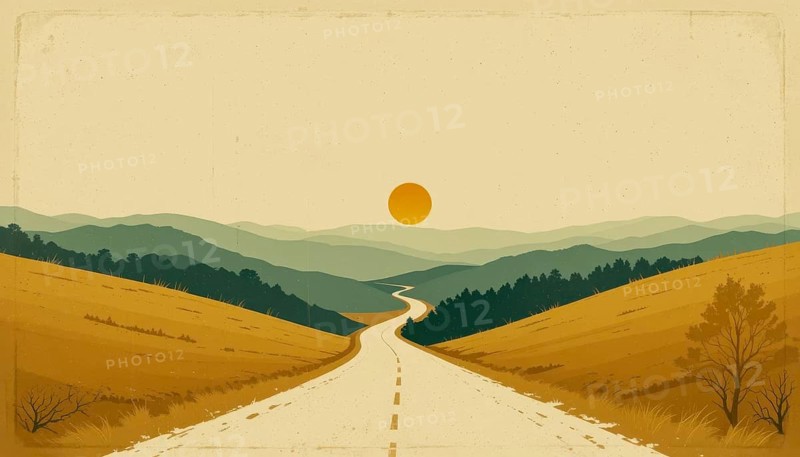 An illustration of a winding road through a valley towards a sunset. The image has a vintage, minimalist aesthetic, AI generated