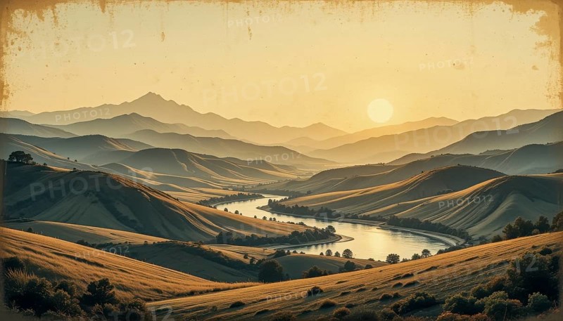 A stunning vista of rolling hills and a winding river, bathed in the warm glow of a sunrise, capturing a serene and peaceful landscape, AI generated
