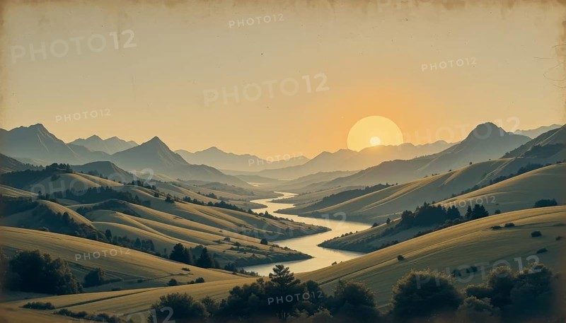 A scenic landscape featuring a winding river, rolling hills, and a majestic sunset. It's a serene, natural view of the environment, AI generated