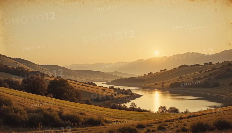 A serene landscape captures a golden sunset over rolling hills and a tranquil lake, evoking peace and natural beauty, AI generated