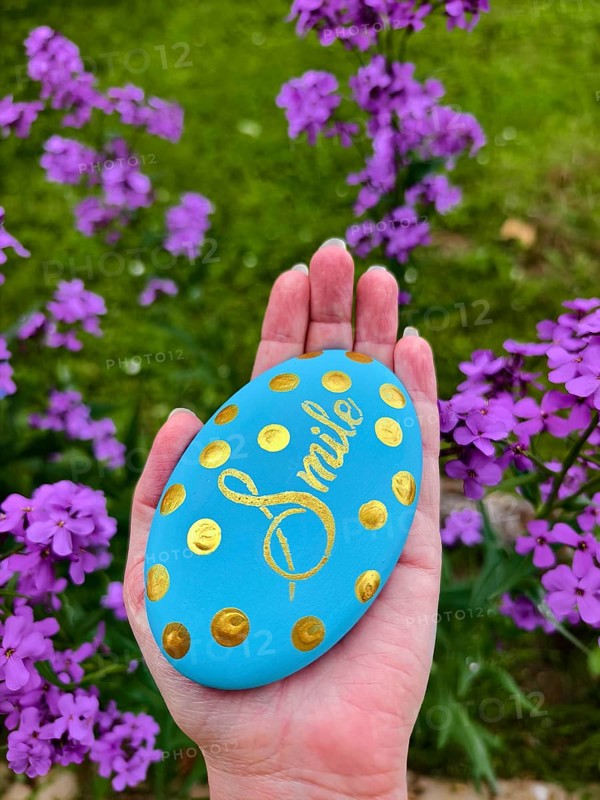 Hand holding blue stone with gold lettering and dots, purple flowers in the background Lower Austria Austria