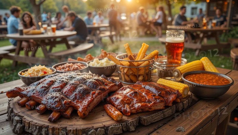 A mouthwatering barbecue spread is laid out on a wooden table, inviting diners to enjoy a festive outdoor meal, AI generated