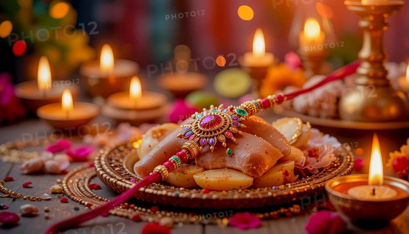A beautiful Raksha Bandhan arrangement featuring a decorated plate, a rakhi, candles, and festive decorations. The soft focus highlights the celebratory mood, AI generated