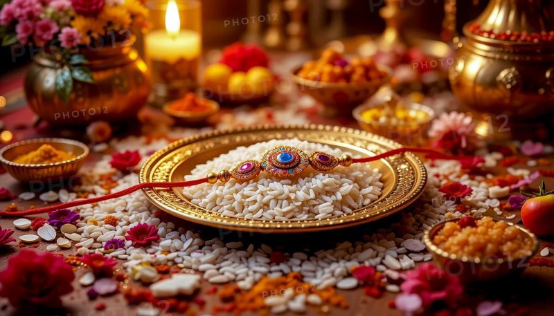 A beautifully decorated Raksha Bandhan setting with a decorated plate, rice, flowers, candles, and festive treats, symbolizing the celebration, AI generated