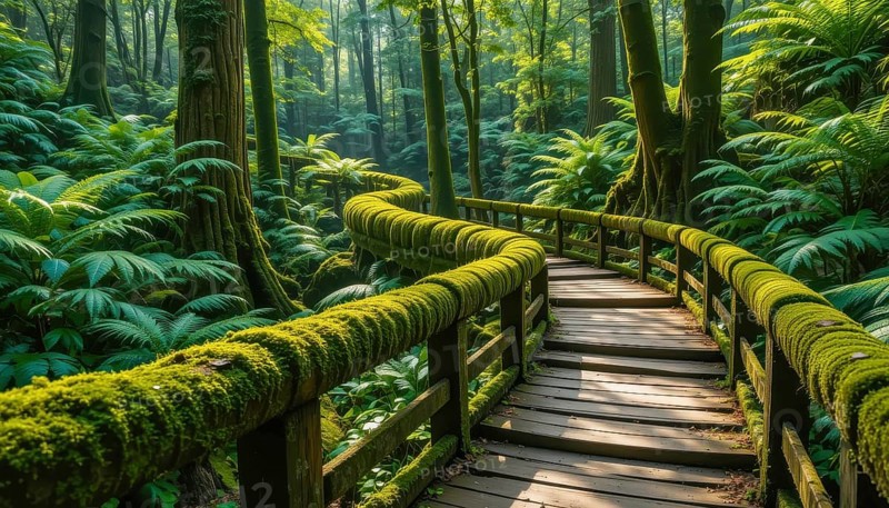 A winding wooden walkway, covered in moss, meanders through a lush, vibrant green forest, creating a tranquil, inviting scene, AI generated