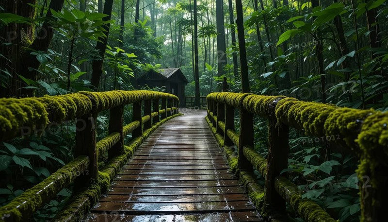 A picturesque wooden bridge winds through a lush, vibrant green forest, leading towards a charming cabin in the distance, AI generated