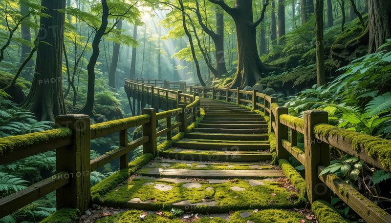 A wooden staircase winds through a lush, green forest, illuminated by sunlight. Moss covers the railings and path, creating a serene, natural scene, AI generated