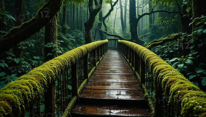 A wooden bridge covered in moss leads into a misty forest, creating a tranquil and inviting scene, AI generated