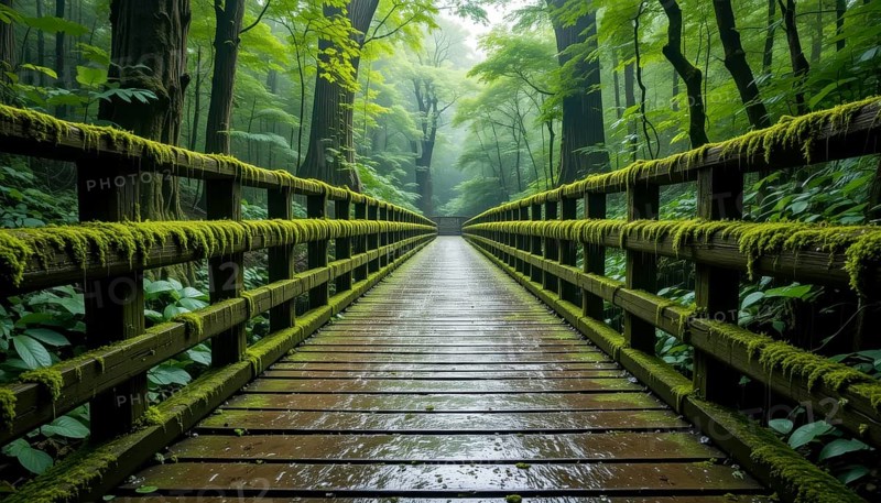 A serene, wooden bridge in a lush, green forest, with moss-covered railings and a misty atmosphere, AI generated