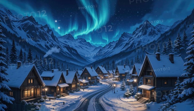 A picturesque village nestled beneath the aurora borealis, with snow-covered houses and a winding road. The night sky glows above the snowy mountains, AI generated