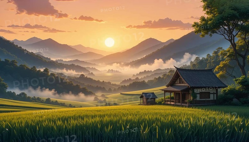 A serene landscape featuring a traditional Japanese house nestled amidst rolling hills, bathed in the warm glow of sunset over the mountains, AI generated