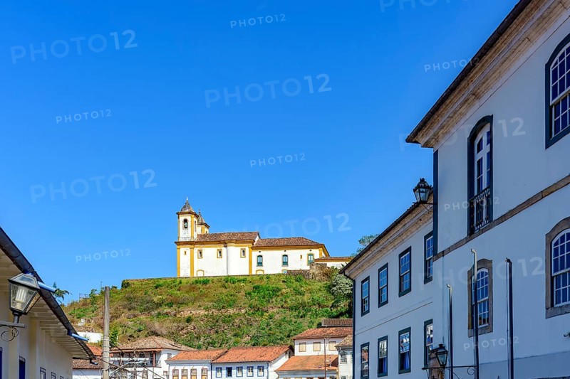 Baroque church on top of the hill among the colonial houses of the city of Ouro Preto, Ouro Preto, Minas Gerais, Brazil