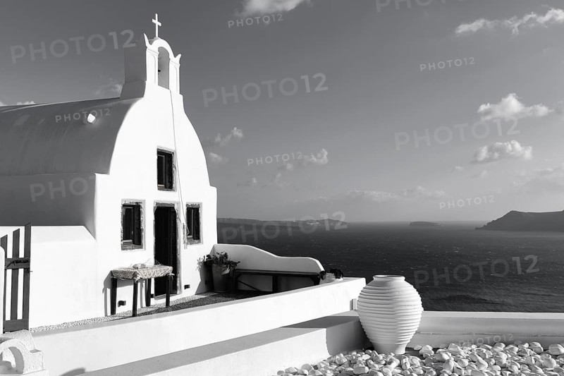 White architecture, orthodox church by the sea, monochrome, Oia, Santorini, Cyclades, Aegean Sea, Greece